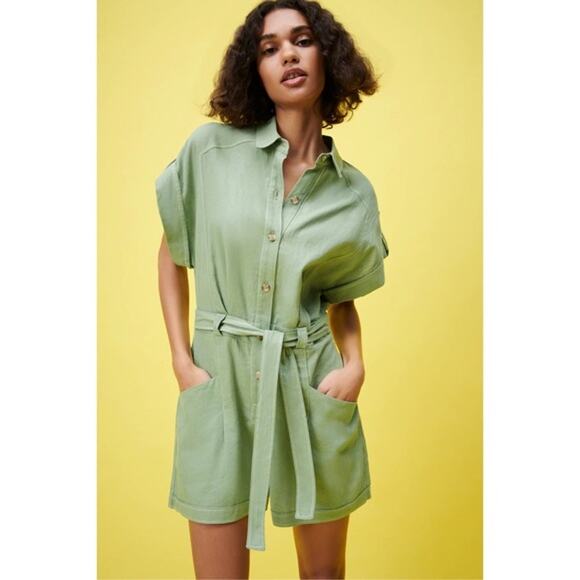 Zara Topstitched Romper Green Belt Tie Button Front Roll Tab Sleeve Collar Sz XL - Picture 1 of 12